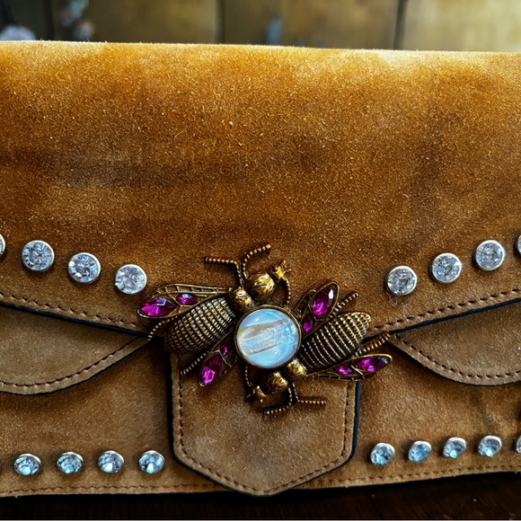 *SOLD** Yellow Suede Bag with Pink Crystal bug Embellishment - Picture 12 of 12